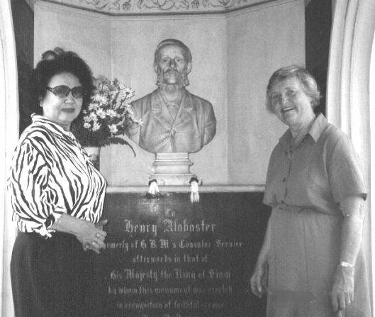 Chalermsri Bird and Angela Alabaster at Henry Alabaster`s tomb and memorial, Bangkok, Thailand
