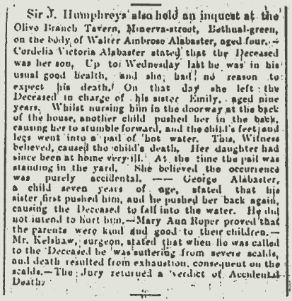 Inquest on Walter Ambrose Alabaster